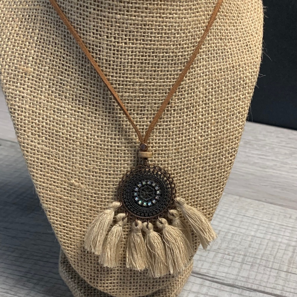 Boho Tassel Medallion Necklace Brown Suede Cord Rhinestone Pendant 32 Inch